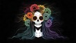Ilustración de fantasía oscura: Cráneo femenino con cabello hipnótico y mirada de girasoles en espiral. Encanto vibrante: Silueta de flores contrastando en fondo oscuro, con transición de colores