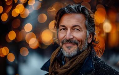 A man with a beard and gray hair is smiling in front of a blurry background. The man is wearing a scarf and a jacket