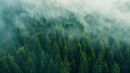 Wall Mural - breathtaking aerial view of majestic mountain forest enveloped in delicate clouds captured through the lens of a wanderlust photographer