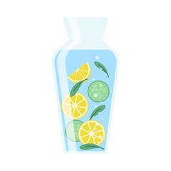 Sticker - Drink more water. Stay hydrated. Glass, Plastic free, zero waste concept. Various bottles, glass, flask. Cute trendy vector illustration. Summer cold drink