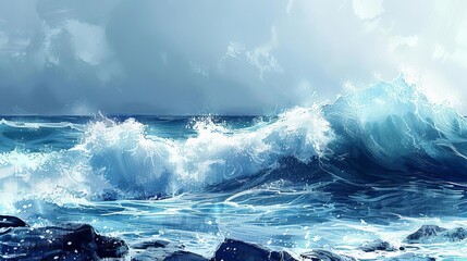 Wall Mural - crashing blue sea waves on rocky shore dramatic ocean illustration digital painting