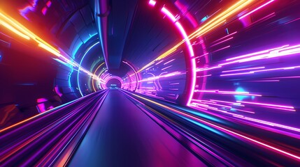 Canvas Print - Neon lights warp as we zoom through a futuristic tunnel