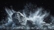 © Bijac - dramatic abstract composition of shattered rock boulder exploding into white dust and debris against black background dynamic 3d illustration