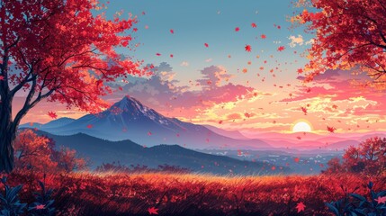Wall Mural - An autumn landscape illustration modern with trees, grass, fields, mountains, leaves, clouds, sunsets. Perfect as a banner, poster, wallpaper, decoration, or card design.