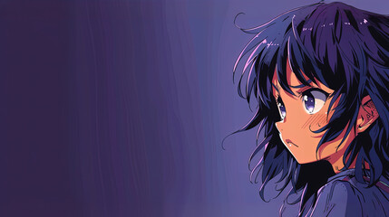 Anime girl with a face full of sadness on purple background