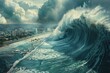 A massive tsunami wave towering over the ocean, depicting a catastrophic natural disaster, with immense power and devastating impact.