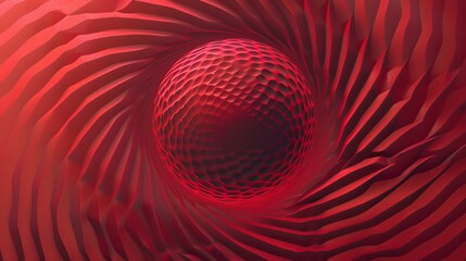 A red abstract 3D illustration featuring a sphere with a textured surface at the center of concentric circular patterns