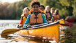 © Катерина Євтехова - capturing kids in a canoeing lesson on a lake, learning paddling techniques and water safety in brightly colored life jackets, school, summer camp, kids, Fun, with copy space