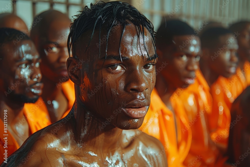 Uniformity Visual Blurred image focusing on the striking orange hue of safety suits ...