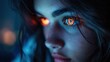 Portrait of a beautiful woman with glowing eyes and a futuristic look on her face