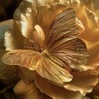 Here is a description for the image:..A stunning golden butterfly perches on a delicate white rose, its wings outspread in perfect symmetry