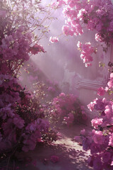 Canvas Print - Enchanted Pink Rose Garden with Misty Morning Light