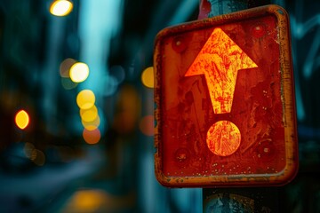 Urban Directional Arrow Sign with Vibrant Bokeh Lights