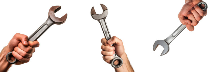 A set of mechanic's hand holds a wrench on a white or transparent background. Metal wrench in the hand of a plumber, close-up. Repair and construction.