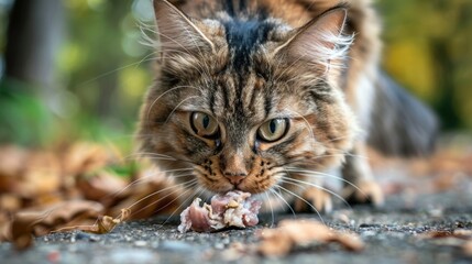 a maine coon cat nibbling on a piece of raw chicken in a plain setting, focusing on the texture and 