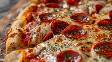 Wall Mural - mouthwatering pepperoni pizza with gooey cheese crispy crust and savory toppings in closeup view