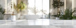 Empty marble table top for product display with blurred bathroom interior background, 3D render illustration.
