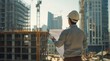 An engineer in a hardhat reviews blueprints at a bustling construction site with tall buildings. Created with Generative AI