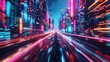 Neon lit futuristic cityscape with dynamic light trails