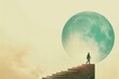 A lone silhouette ascends a staircase towards an oversized moon in a dreamy, pastel sky. Created with Generative AI
