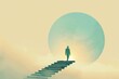 A silhouette of a person stands atop stairs against a large moon and misty backdrop, creating a dreamy and surreal scene. Created with Generative AI