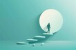A person walks on stepping stones toward a large, bright circle on a teal background, portraying progress or a journey. Created with Generative AI