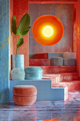 Poster - An interior design scene with pastel furniture and bold 80s neon art pieces creating a chic, retro-modern look,