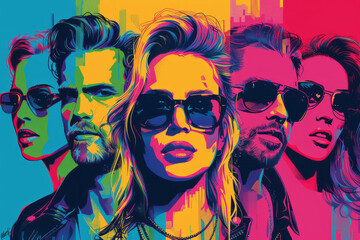 Aufkleber - A pop art piece featuring iconic 80s celebrities rendered in soft pastels with neon highlights,