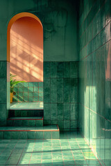 Aufkleber - Bathroom design with geometric tiles and a cool color palette, offering a modern and clean look,