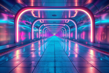 Aufkleber - Bridge architecture showcasing sleek metal beams in silver with blue lighting along the pathway,