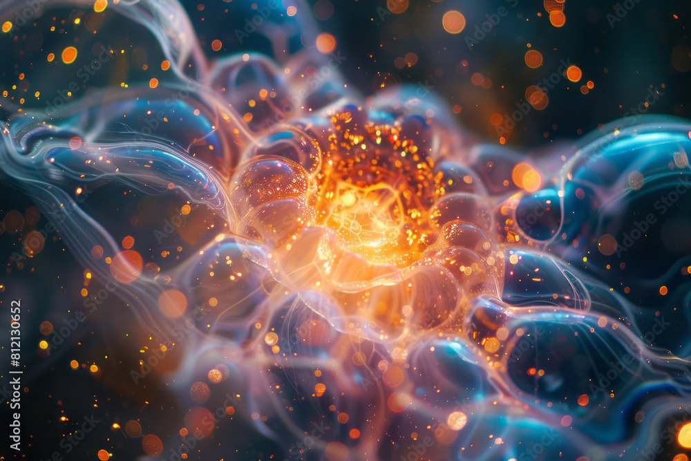Abstract art of alpha particles being emitted from a decaying atomic ...