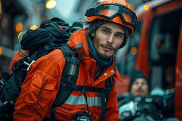 A focused rescue worker in orange gear and helmet stands with a vehicle and team in the background