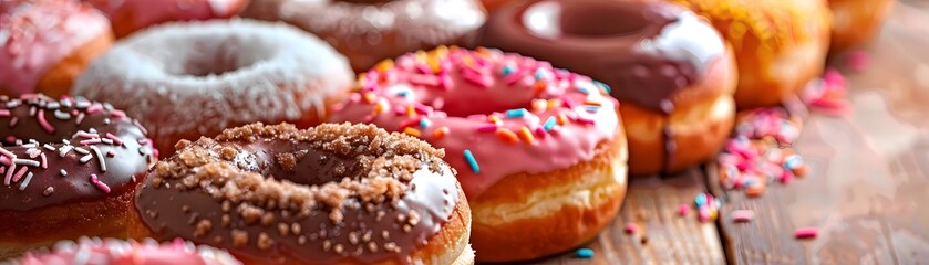 Wall Mural - Mouthwatering donuts, sweet delights for any palate, culinary creations dusted with sweet powdered sugar, chocolate, biscuit crumbs, and cream.