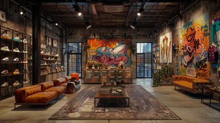 Wall Mural - A trendy sneaker store with bold graffiti murals and industrial lighting