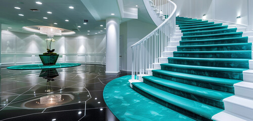 Wall Mural - Contemporary luxury home foyer with turquoise carpeted stairs accented by a minimalist white banister and a high-contrast black tile floor The area is brightly illuminated by innovative ceiling lights