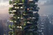 Develop a concept for a skyscraper that serves as a vertical forest, with trees and vegetation growing on every level to promote biodiversity and improve air quality.