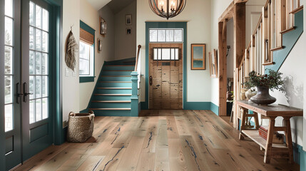 Wall Mural - Cozy foyer featuring a teal staircase an aged wooden door and a light wide plank hardwood floor