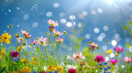 Wall Mural - Colorful flower meadow with sunbeams and blue sky and bokeh lights in summer