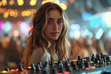 Portrait of a concentrated young female DJ at a club, operating music equipment with a professional demeanor against a blurred background