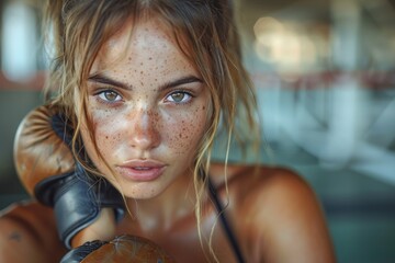 Wall Mural - Compelling portrait of a determined female boxer posing with her gloves, displaying focus and fitness in a gym setting