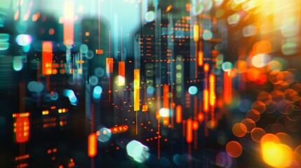 Fototapete - Abstract glowing big data forex candlestick chart on blurry city backdrop. Trade, technology, investment and analysis concept. Double exposure