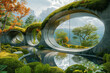 Abstract art showing a series of staggered mirrors in a garden, creating a maze of greenery and sky,