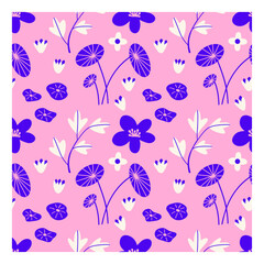 Wall Mural - abstract pink floral seamless vector pattern design with cute blue summer flowers, white plants, pur