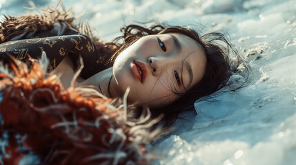 A young Korean woman adorned in haute couture clothing poses for a fashion photoshoot, reclining on a snowy, icy landscape.