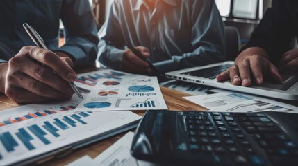 Poster - Business financial, accountant discussing with partner are meeting to audit finance planning sales to meet targets set in next year. stock market concept..