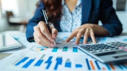 Poster - Business Financing Accounting Banking Concept, Businesswoman doing finances and calculating financial report with business graph growth chart, finance and investment, business analysis concept