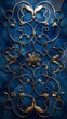 A blue and gold wall hanging featuring a butterfly on a stainless steel background with Greek Fretwork pattern
