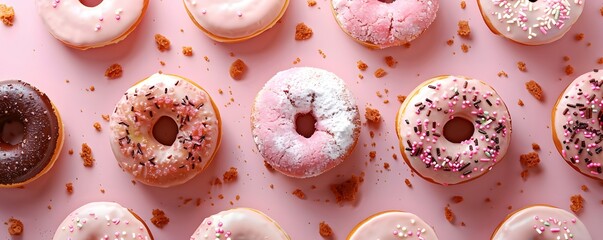 Wall Mural - Tempting donuts, satisfying snacks or desserts, culinary marvels garnished with sweet powdered sugar, chocolate, biscuit crumbs, and cream.