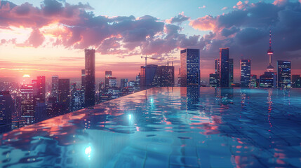 A minimalist rooftop pool reflecting the city skyline at dusk.