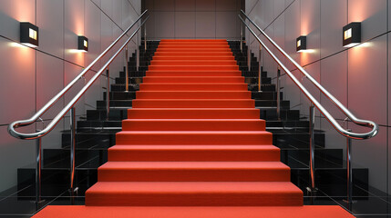 Wall Mural - Modern luxury foyer with bright coral carpeted stairs featuring a minimalist design steel handrails and a striking black tile floor Ambient wall lights enhance the vibrant colors